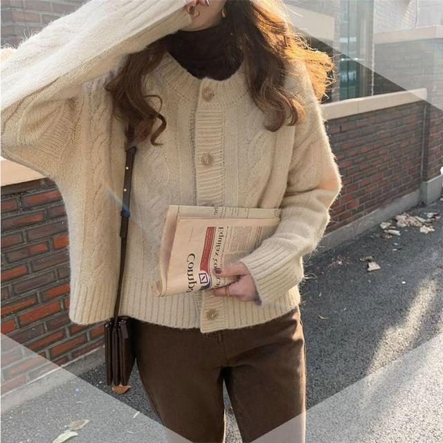 Round Neck Plain Cable-Knit Cardigan Product Image