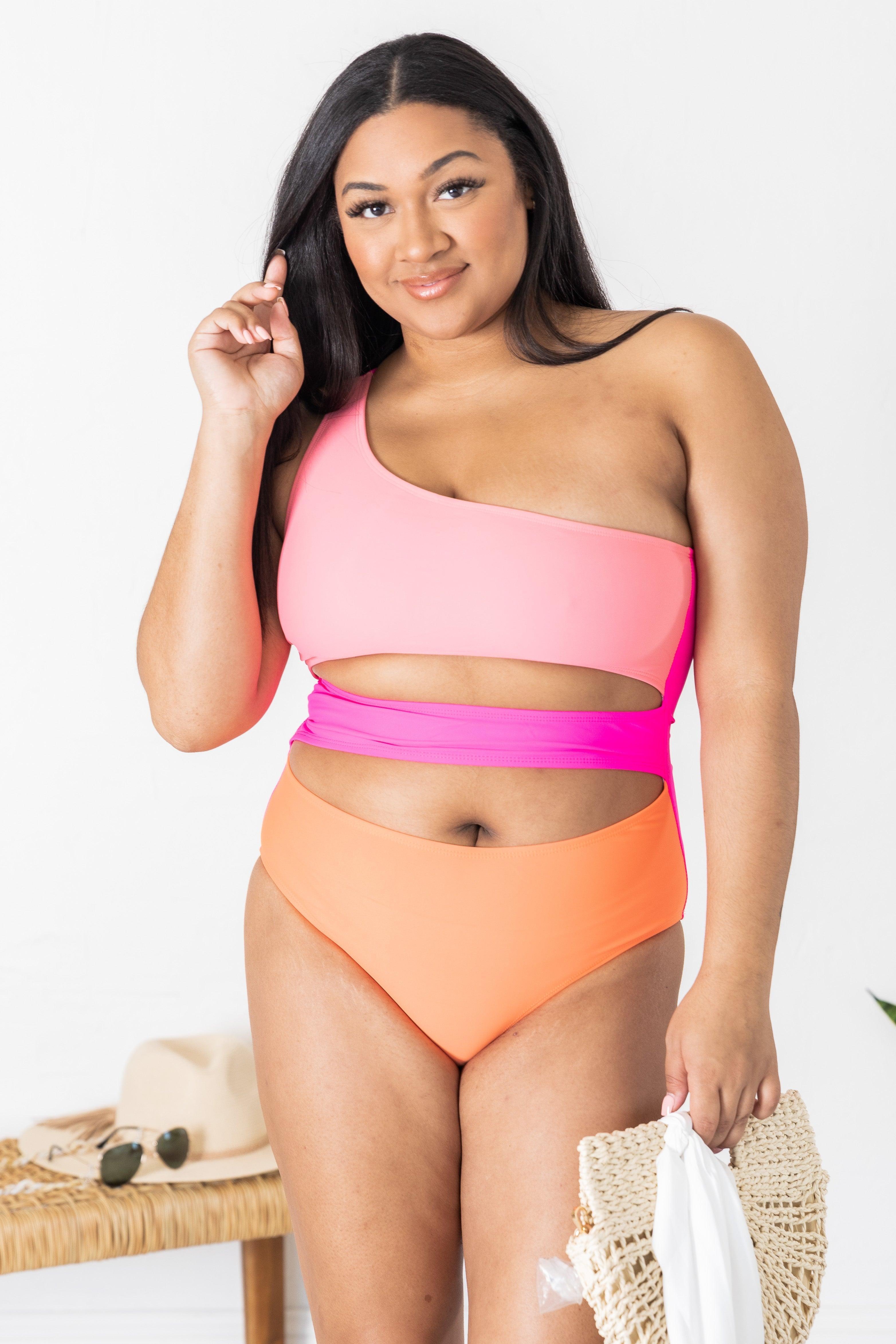 Radiant Sunburst Cutout One Shoulder Colorblock Pink Swimsuit FINAL SALE Product Image