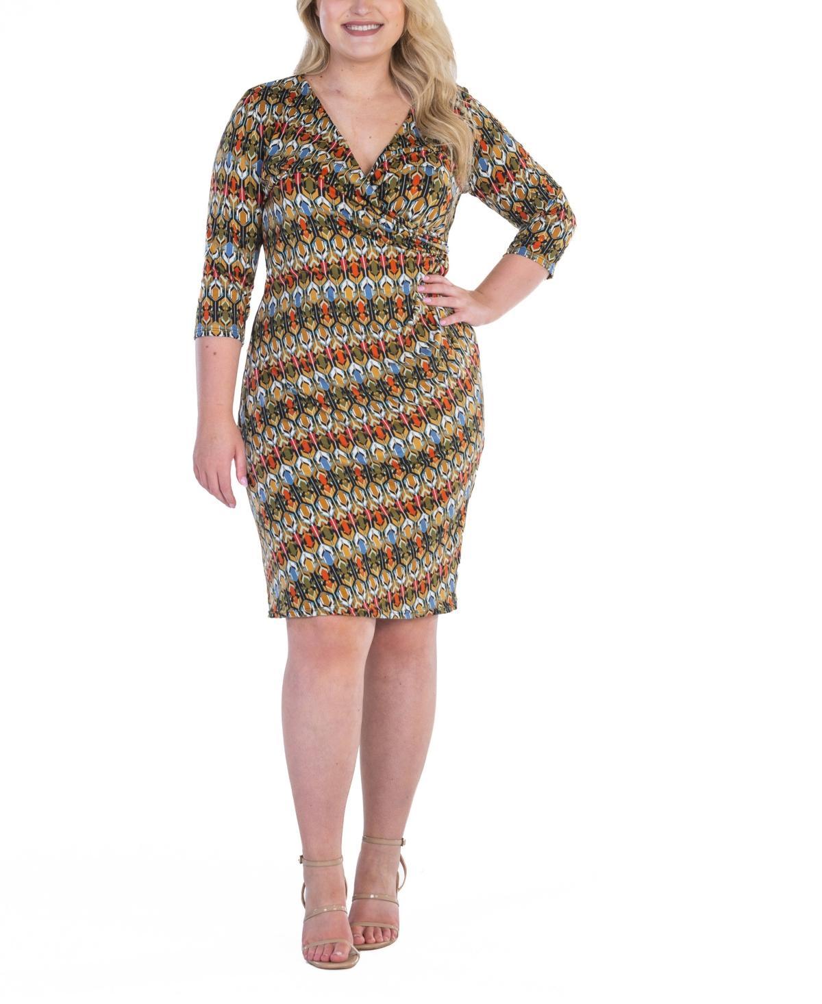 24seven Comfort Apparel Plus Size Knee Length Faux Wrap Dress Product Image