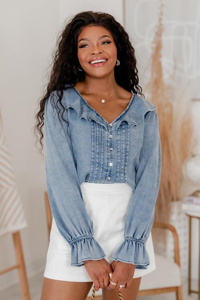 In The Details Medium Wash Chambray Ruffle Detail Top Product Image