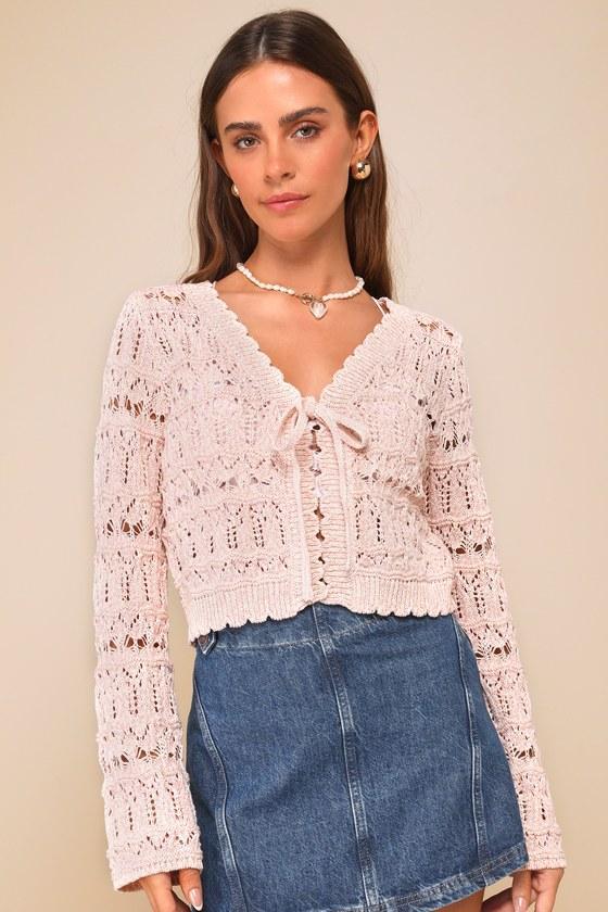 Casually Precious Pink Marled Crochet Tie-Front Cardigan Sweater Product Image