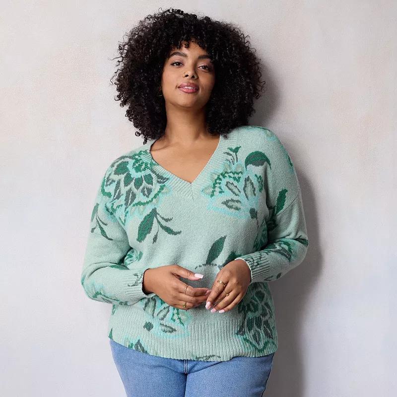 Plus Size LC Lauren Conrad Floral V-Neck Pullover Sweater, Womens Green Shire Vines Product Image