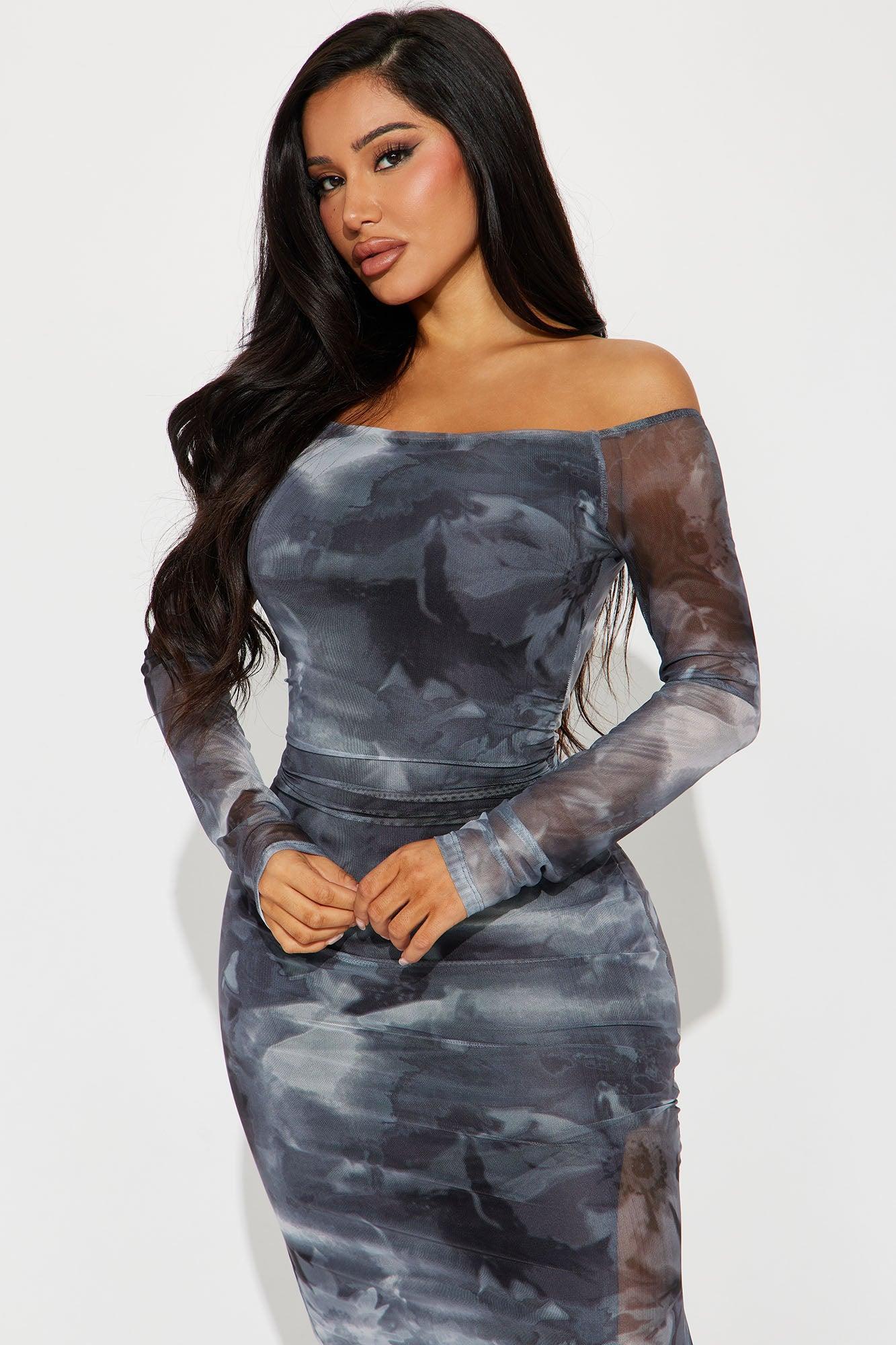 Olivia Off Shoulder Mesh Maxi Dress - Black/Grey Product Image