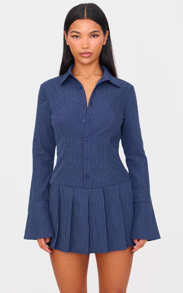 Navy Stripe Shirt Pleated Skort Romper Product Image