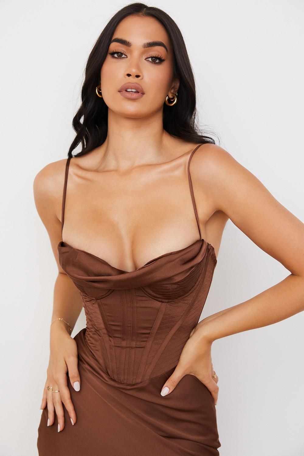 Myrna Chocolate Satin Corset Slip Dress Product Image