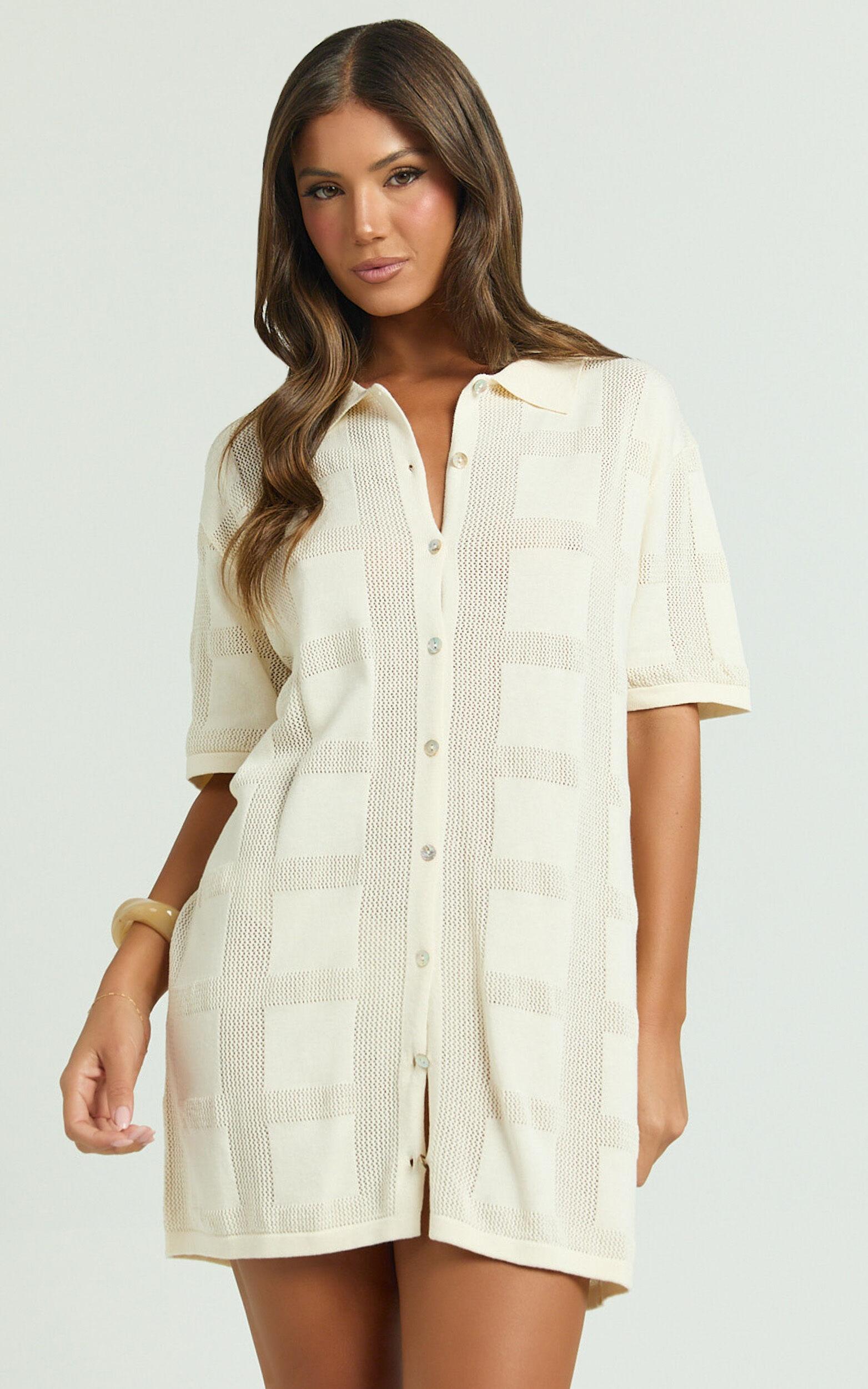 Tully Mini Dress - Knitted Button Through Shift Dress in Cream Product Image