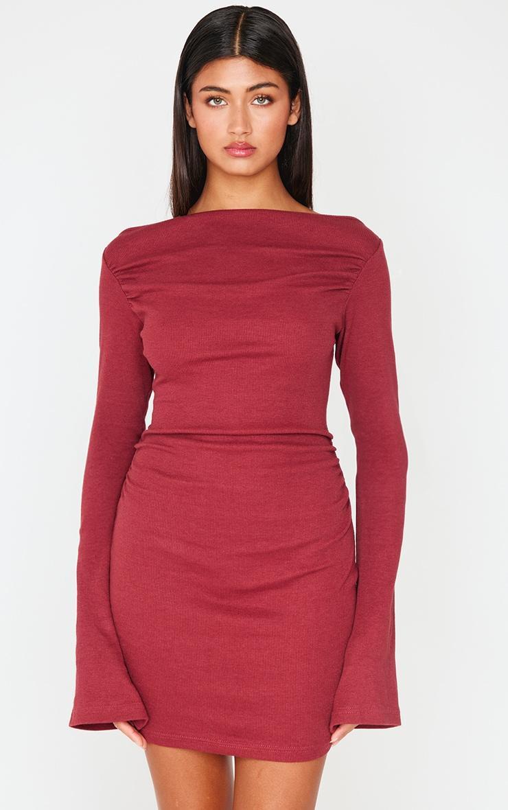 Burgundy Ribbed Ruched Detail Flare Sleeve Mini Dress Product Image