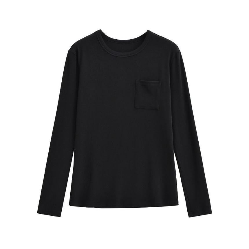 Long Sleeve Crew Neck Plain Pocket T-Shirt Product Image