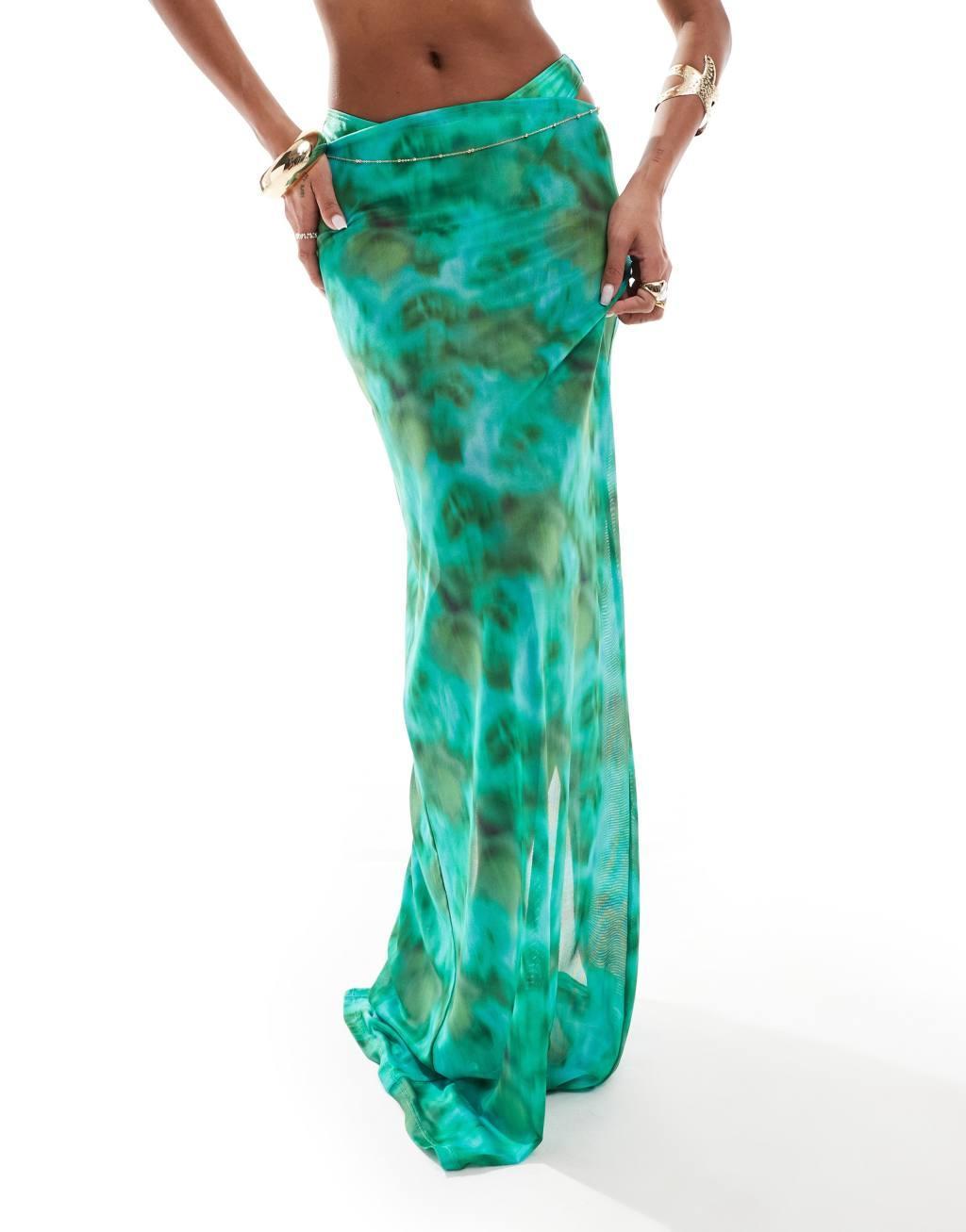 South Beach abstract print mesh maxi beach skirt in green Product Image