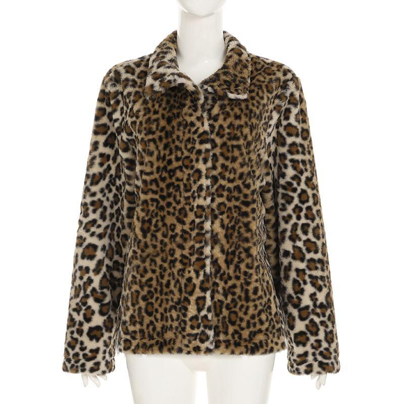 Stand Collar Leopard Print Fluffy Button-Up Jacket Product Image