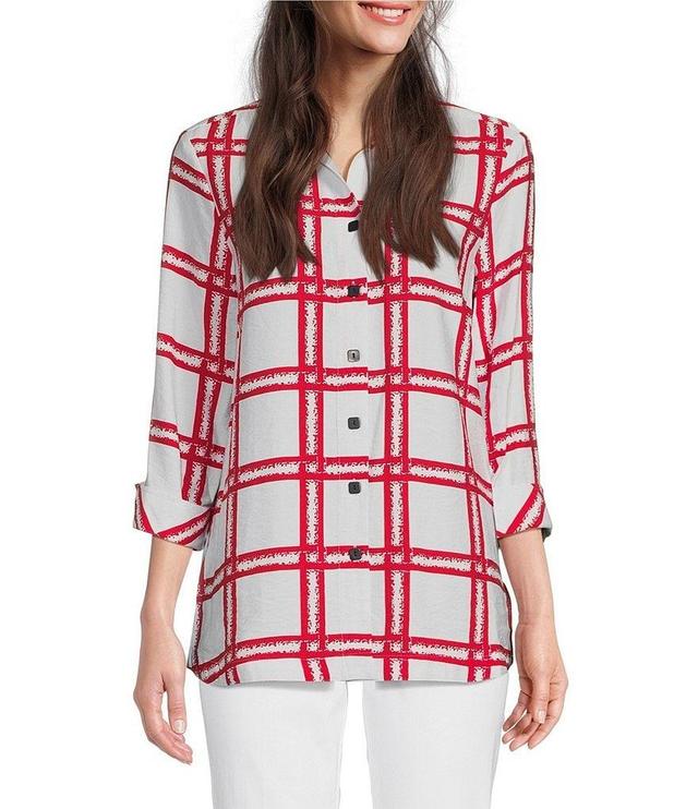 Ali Miles Printed Stripes Woven Collar Neck 3/4 Sleeve Button Front Tunic Product Image