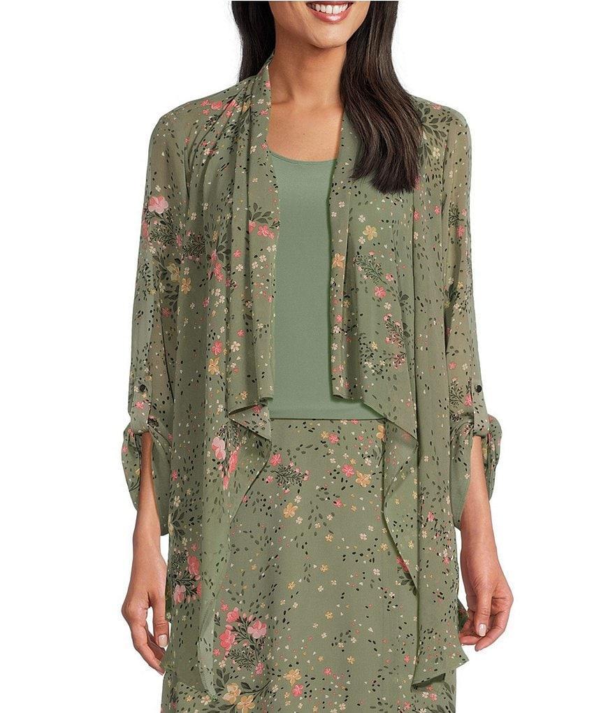 Investments Petite Size Soft Separates Floral Muse Open Front Roll-Tab Sleeve Coordinating Cardigan Product Image