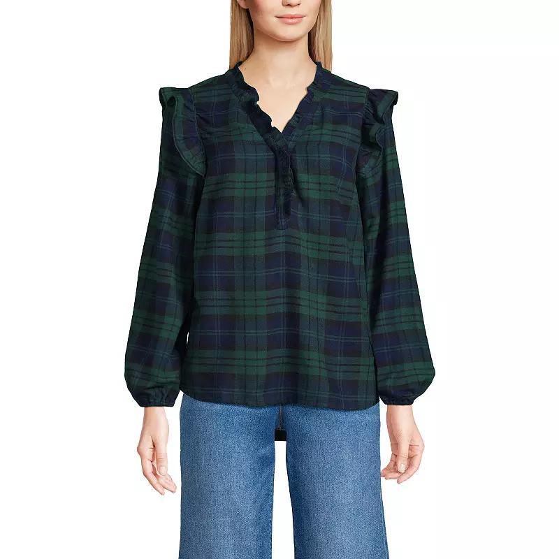 Womens Lands End Ruffle Front Flannel Popover Blouse Deep Green Plaid Product Image