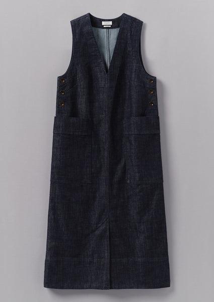 V-Neck Denim Pinafore Dress | Indigo Product Image