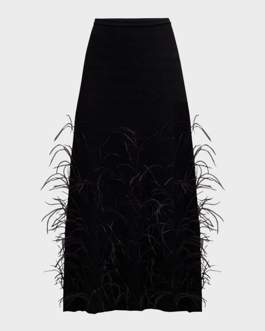 Feather-Embellished Wavy Matte Crepe Midi Skirt Product Image