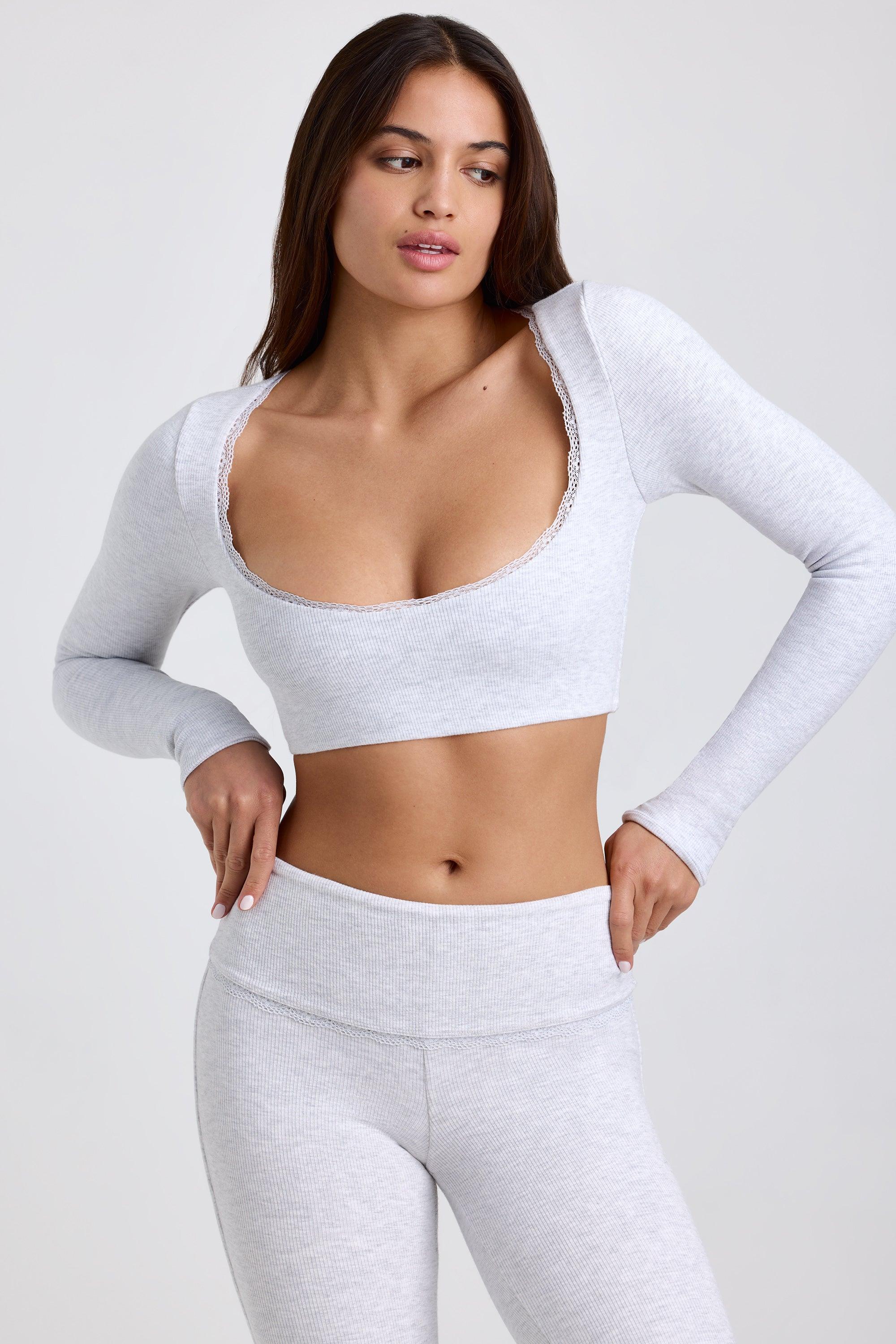 Ribbed Modal Lace-Trim Crop Top in Grey Female Product Image