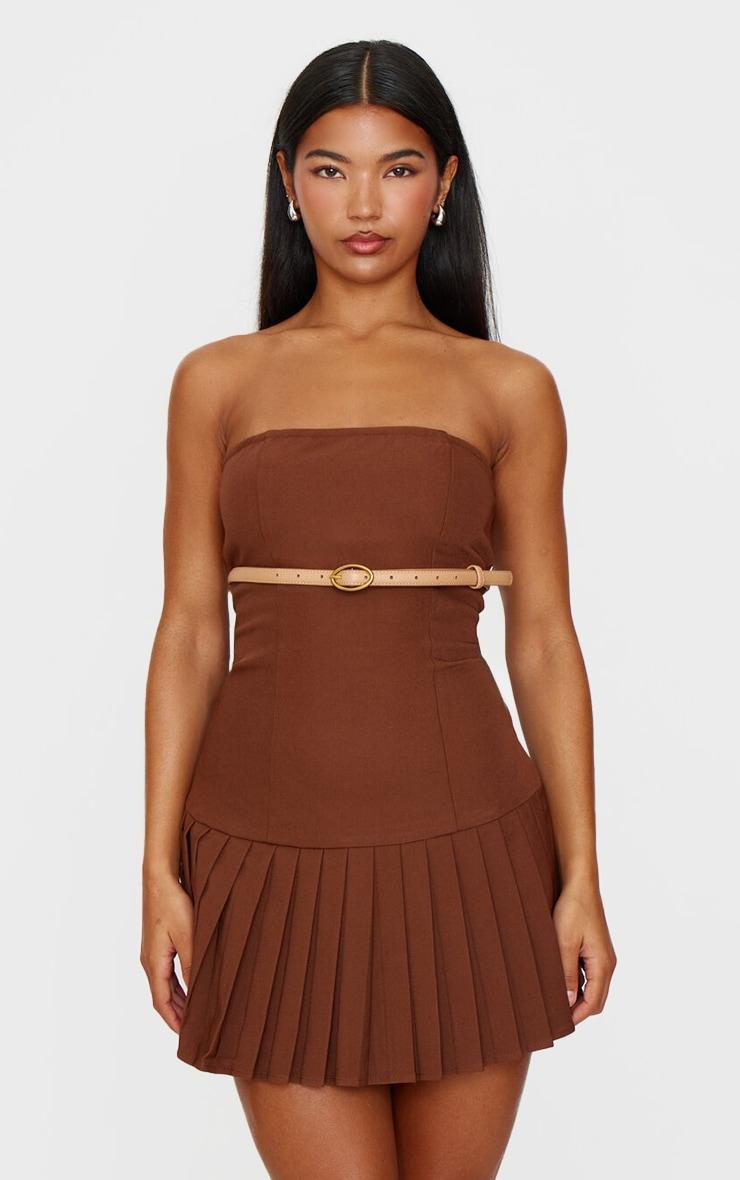 Chocolate Brown Belted Pleated Skirt Bodycon Dress Product Image