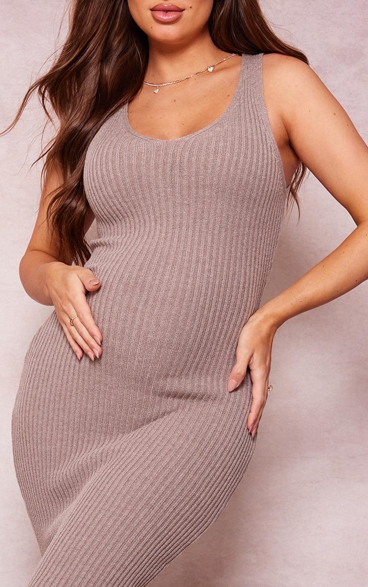 Maternity Taupe Knitted V Neck Midi Dress Product Image