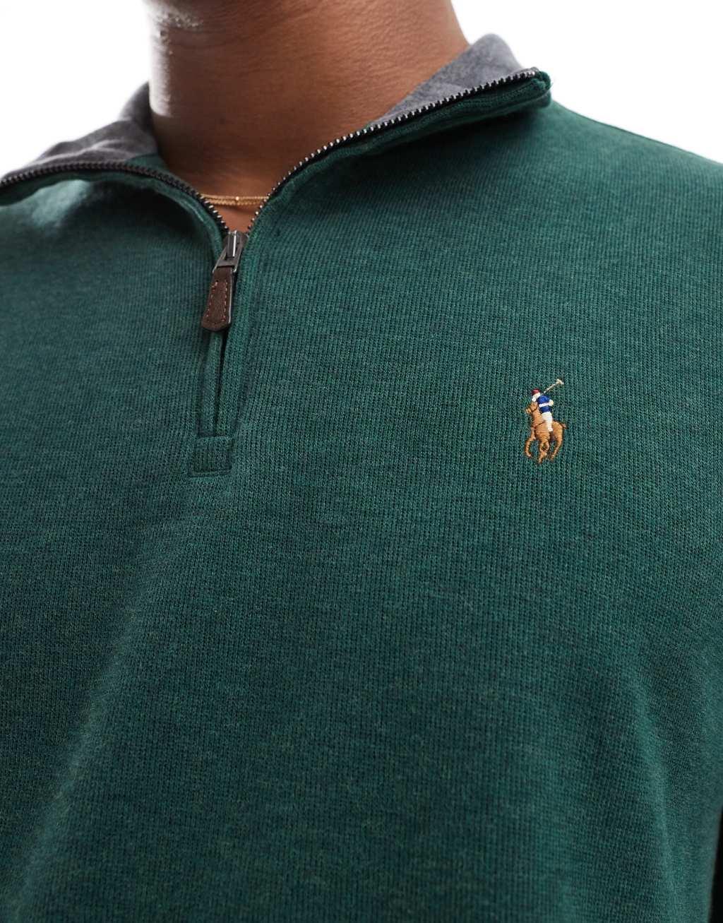 Polo Ralph Lauren icon logo jersey knit half zip sweatshirt in dark green heather Product Image