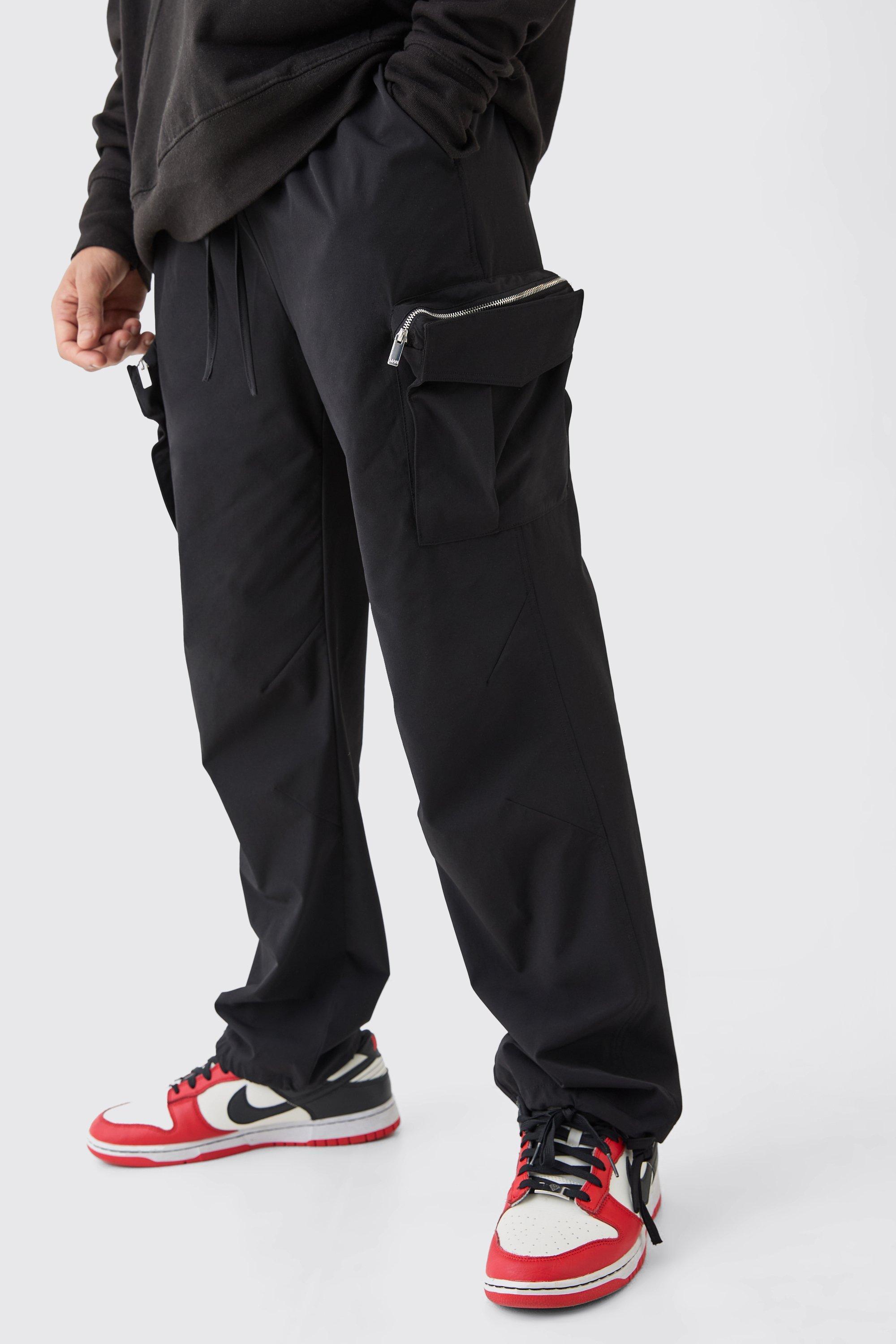 Mens Black Technical Stretch Straight Fit Cargo Trousers, Black Product Image