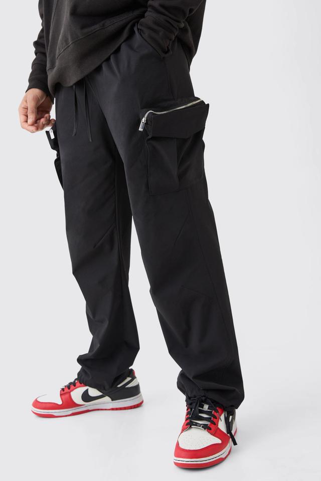 Mens Black Technical Stretch Straight Fit Cargo Trousers, Black Product Image