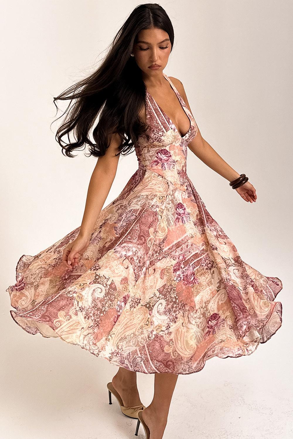 Solada Paisley Patchwork Print Georgette Halter Sundress Product Image