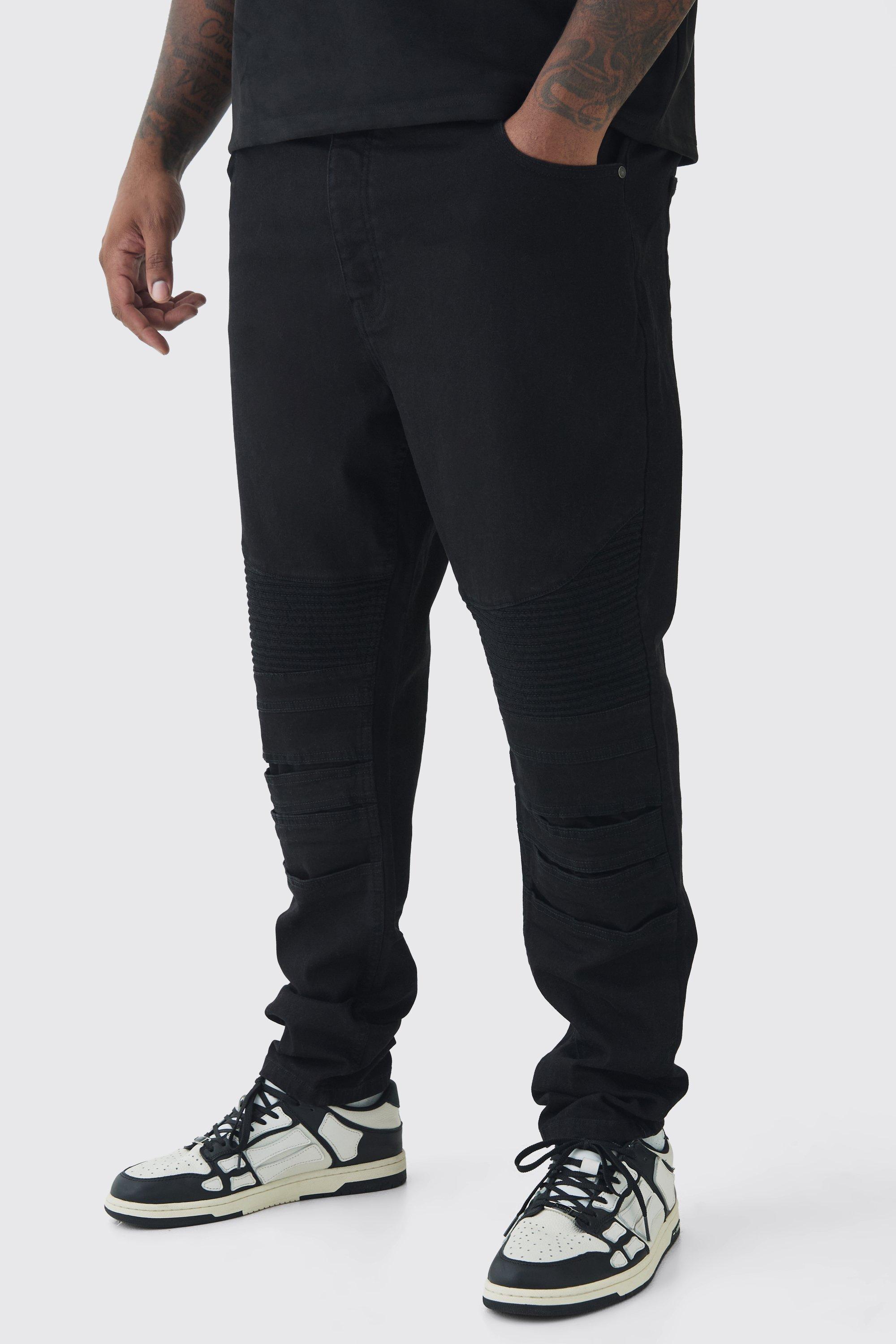 Plus Skinny Biker Panel Jeans in True Black | boohooMAN USA Product Image