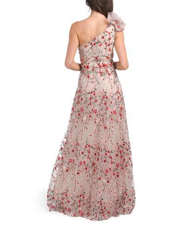 One Shoulder Floral Applique Gown With Tulle Rosette for Women Product Image