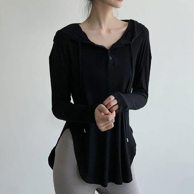 Long-Sleeve Half Buttoned Hooded Plain Sports Top Product Image