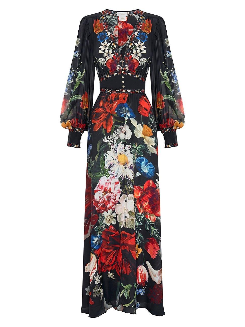 Womens Embellished Floral Silk Maxi Dress Product Image