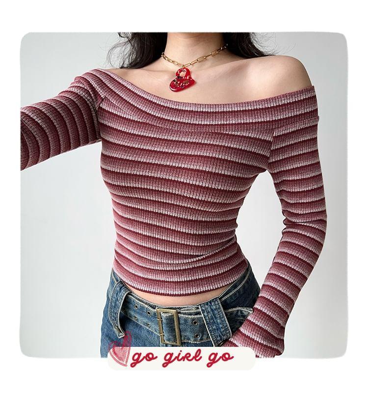 Long-Sleeve Off-Shoulder Striped Slim Fit Crop Knit Top Product Image