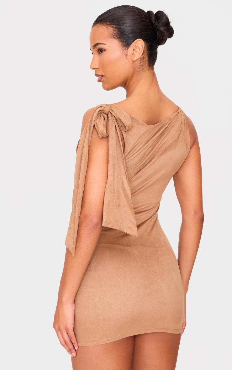 Camel Faux Suede Knot Drape Bodycon Dress Product Image