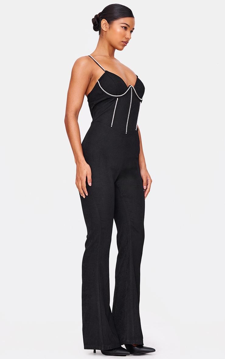 Black Diamante Corset Detail Flared Strappy Jumpsuit Product Image