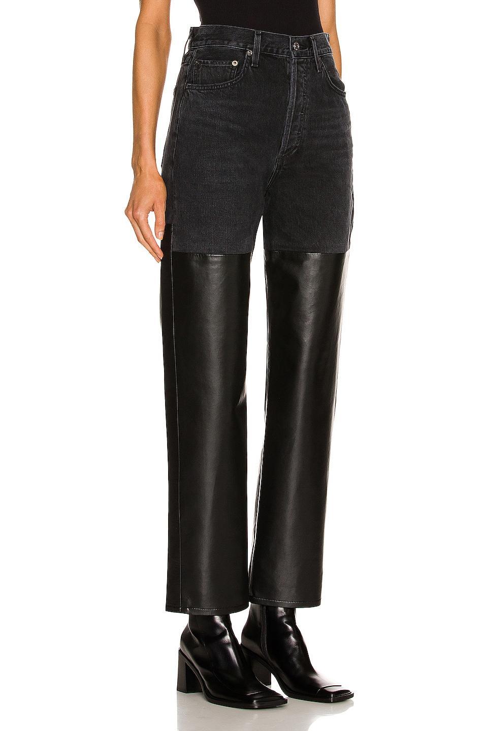 AGOLDE Pieced 90's Pinch Waist Jean in Howl & Detox Recycled Leather - Black. Size 23 (also in ). Product Image