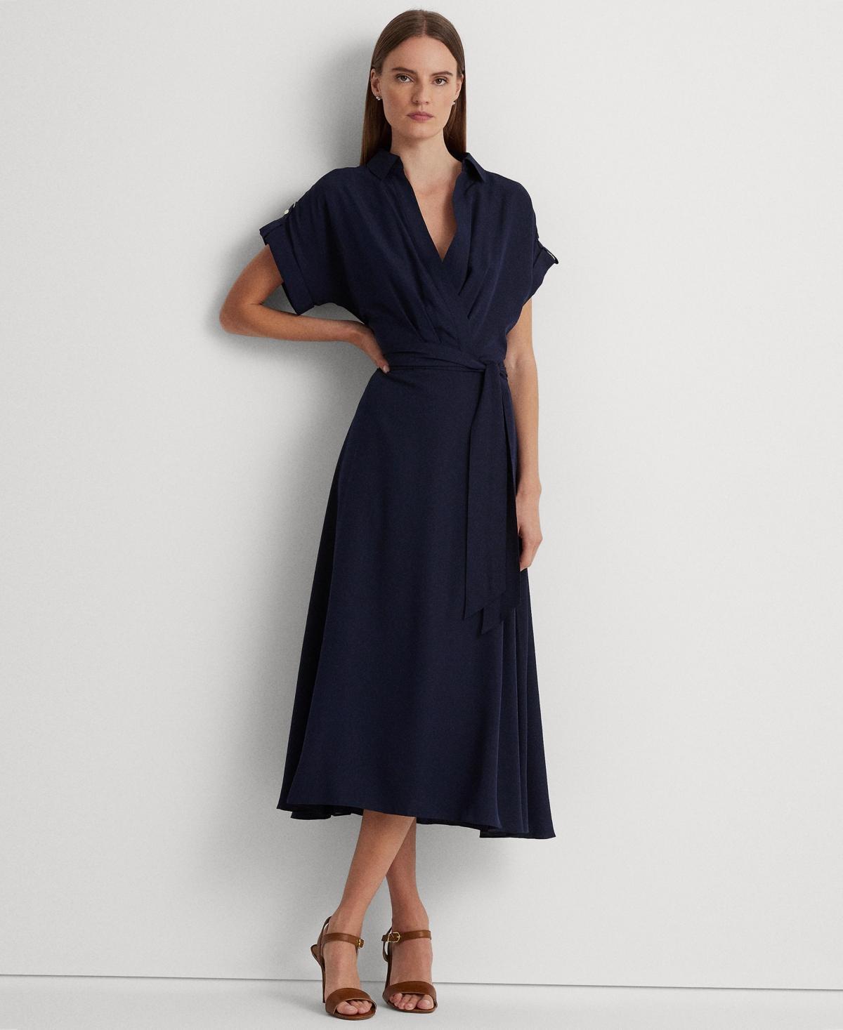 Lauren Ralph Lauren Womens Self-Belt Roll-Tab Sleeve Surplice Crepe Dress Product Image