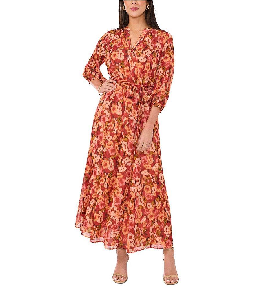 Vince Camuto Floral Satin Yoryu V-Neck Long Blouson Sleeve Button Front Tie at Waist A-Line Flounce Shirttail Midi Dress Product Image