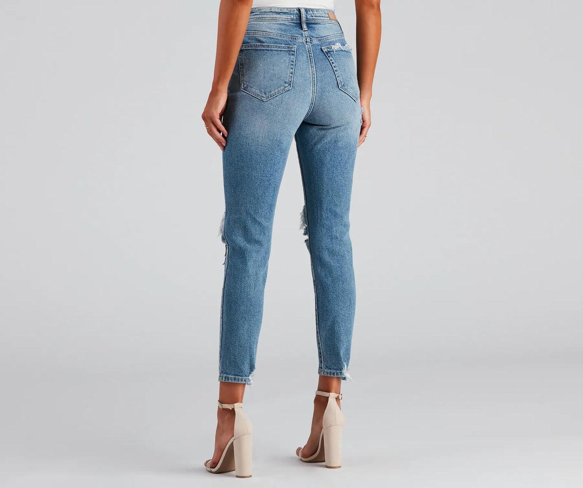 High-Rise Distressed Mom Skinny Jeans product image