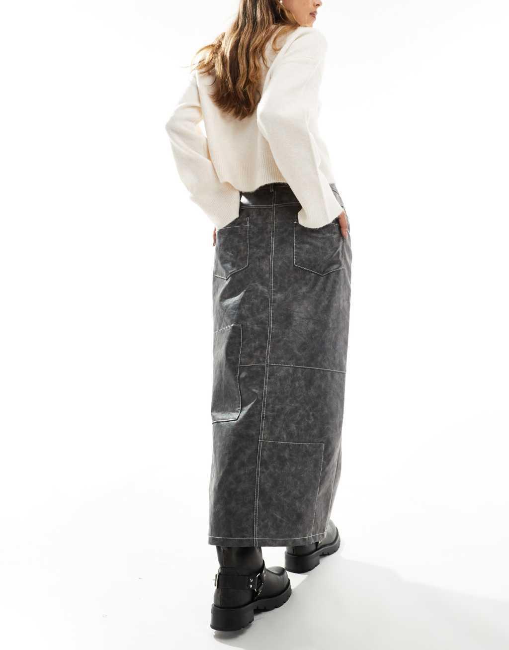 ASOS DESIGN leather look western midi skirt with contrast stitch in washed gray Product Image