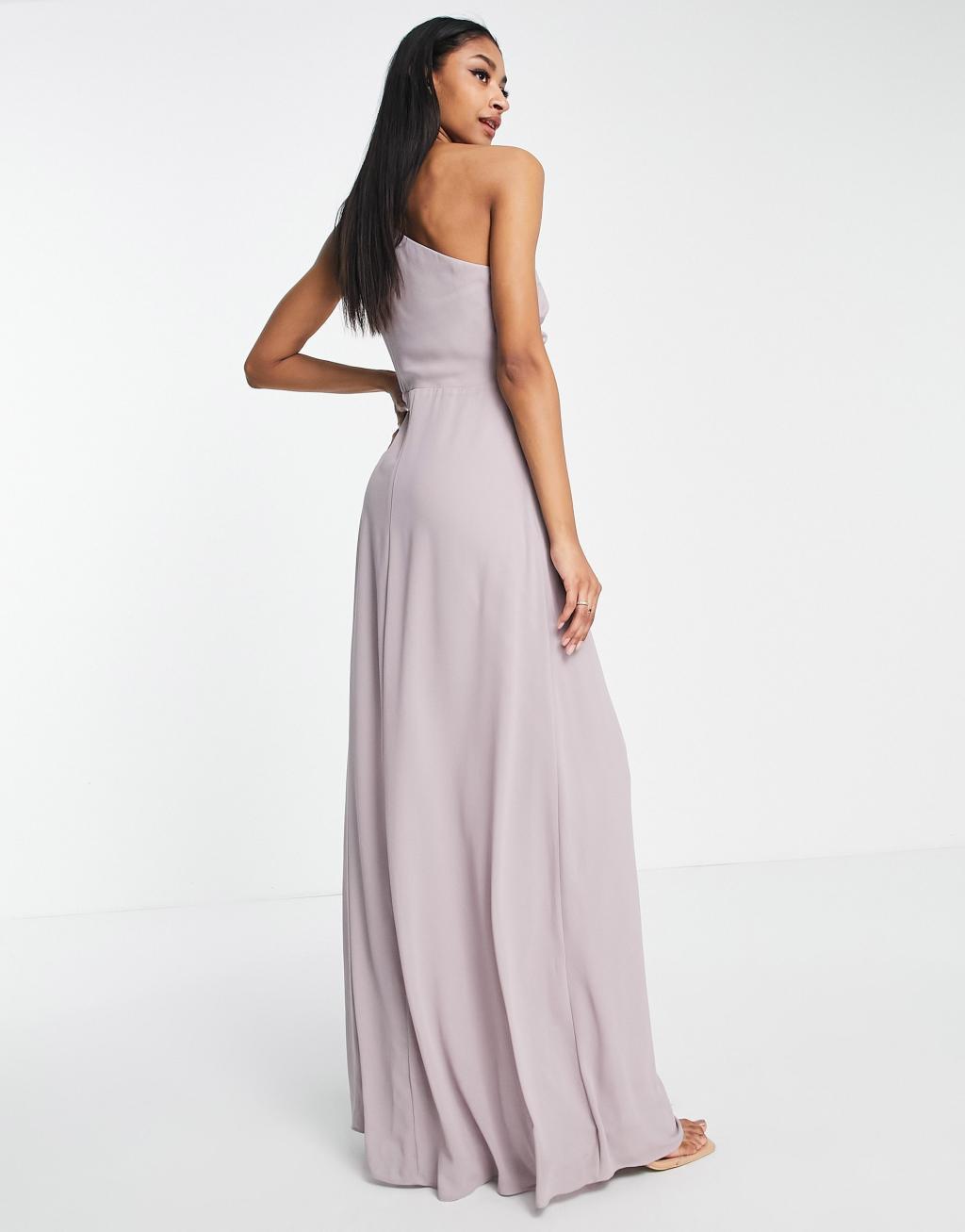 TFNC Tall Bridesmaid chiffon one shoulder drape maxi dress in lavender gray Product Image