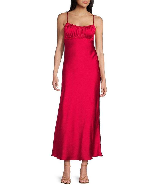 B. Darlin Bubble Satin Shirred Neckline Spaghetti Strap Open Back Dress Product Image