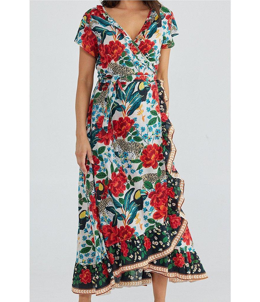 Talisman Toledo Floral Print V-Neck Short Sleeve Ruffle Hem Palm Springs Wrap Dress Product Image