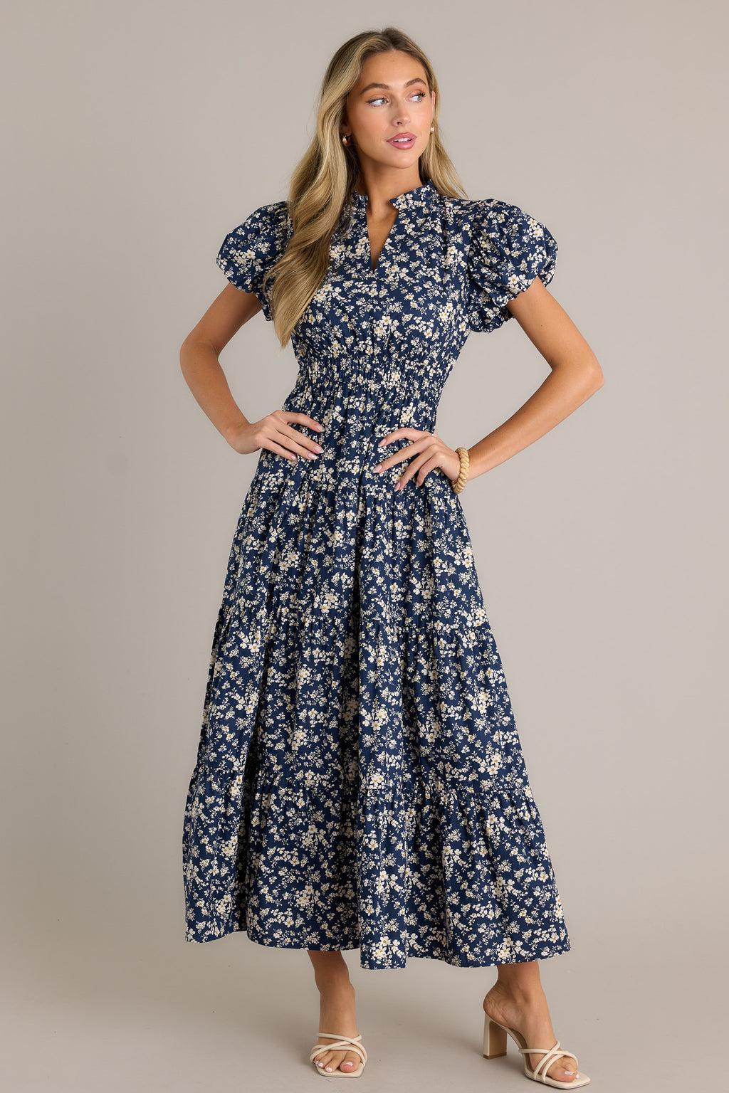 Gardenia Gala 100% Cotton Navy Floral Maxi Dress Product Image