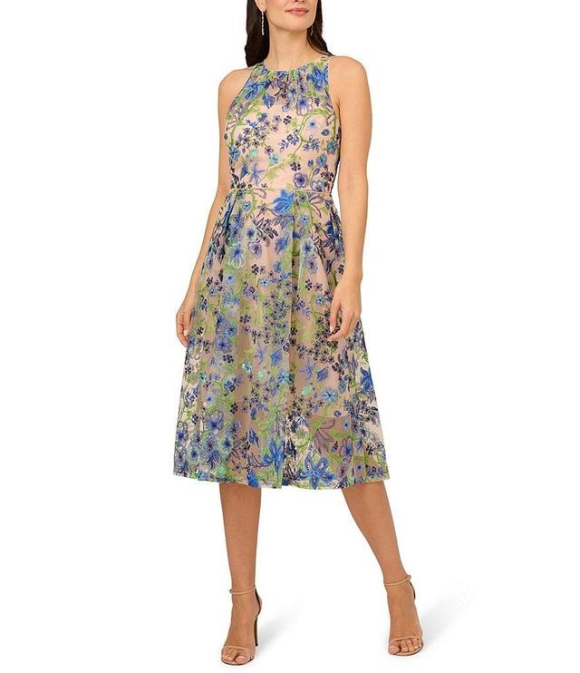 Adrianna Papell Floral Embroidered Halter Neck A-Line Midi Dress Product Image