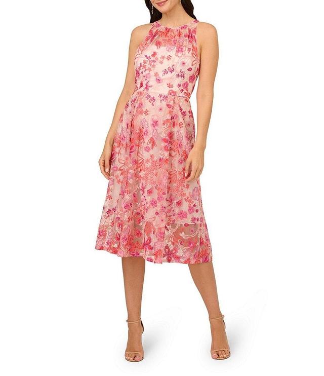 Adrianna Papell Floral Embroidered Halter Neck A-Line Midi Dress Product Image