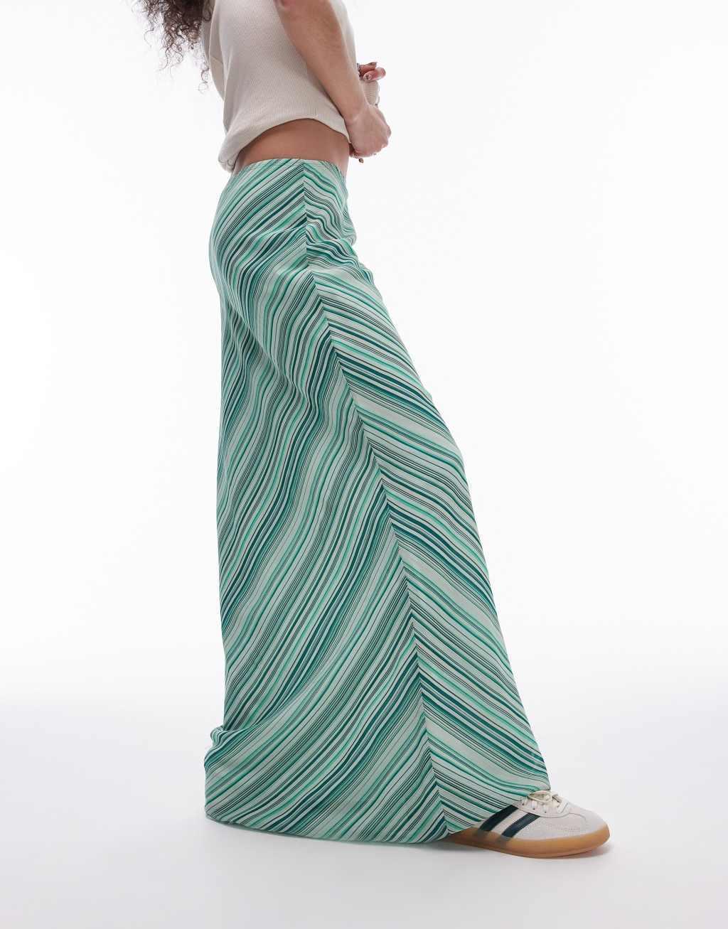 Topshop georgette maxi skirt in green diagonal stripe Product Image