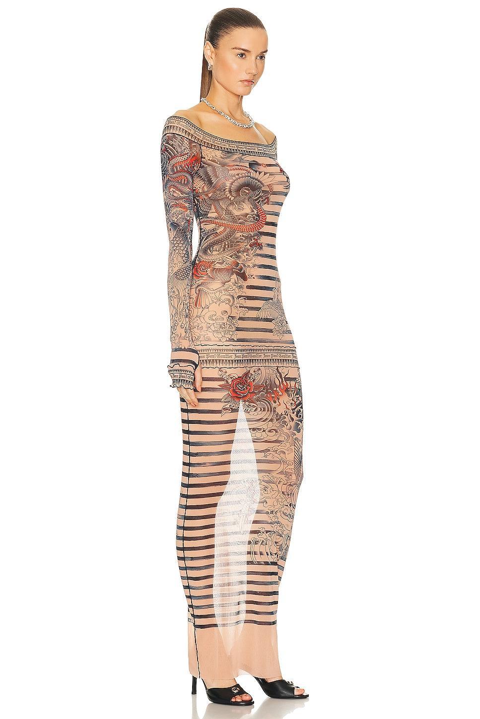 Jean Paul Gaultier Printed Mariniere Tattoo Long Boat Neck Dress in Nude Product Image