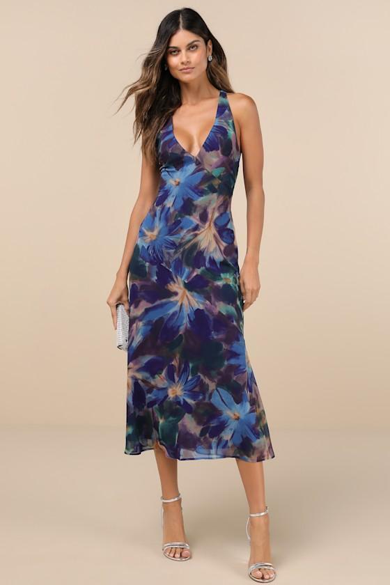 Delight in Elegance Blue Multi Floral Halter Cutout Midi Dress Product Image