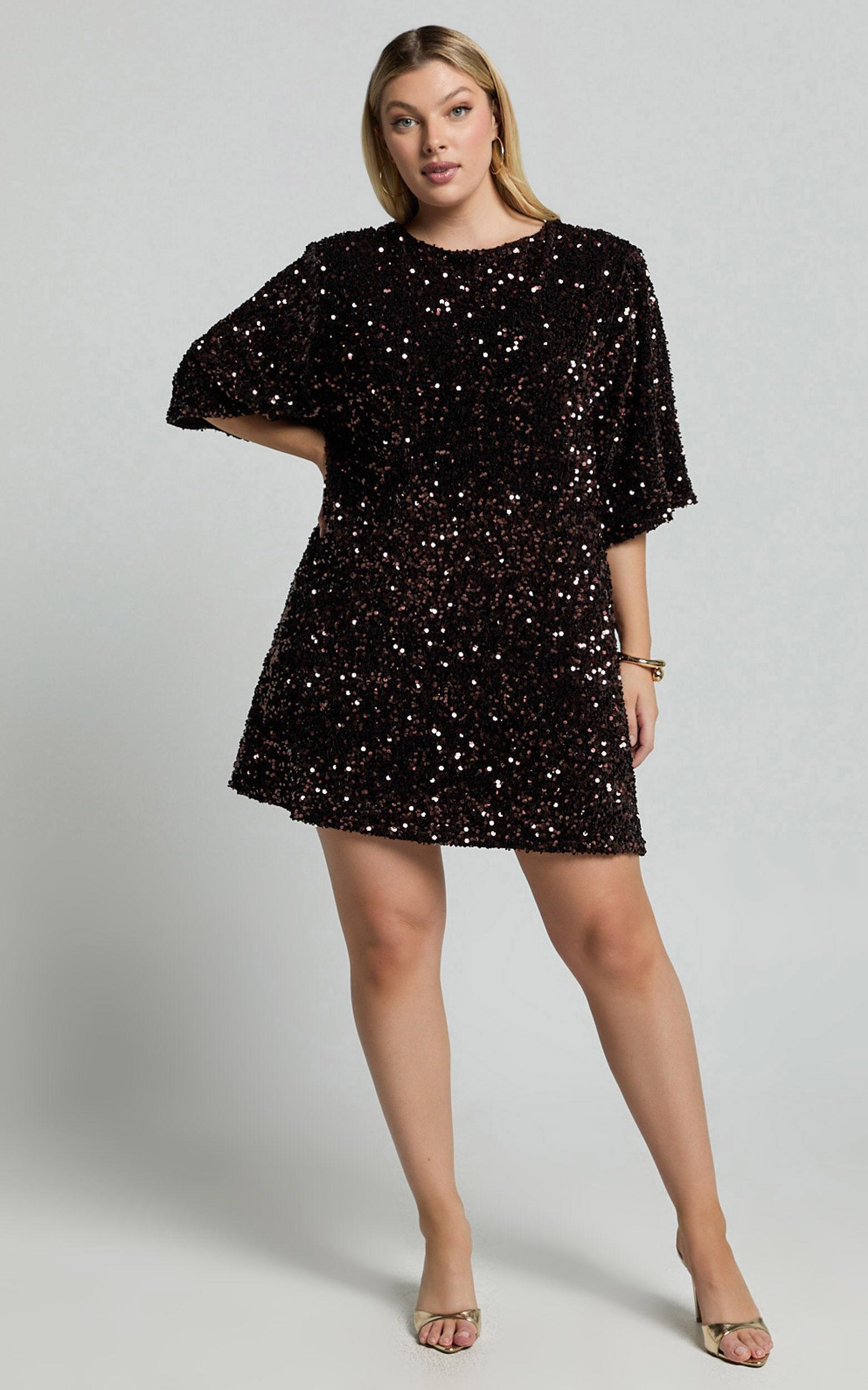 Valetta Mini Dress - Sequin low back shift dress in Chocolate Product Image