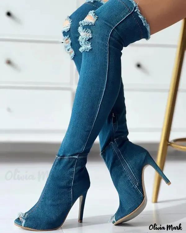 Olivia Mark – Fringed Hem Ripped Denim Thigh High Boots Product Image