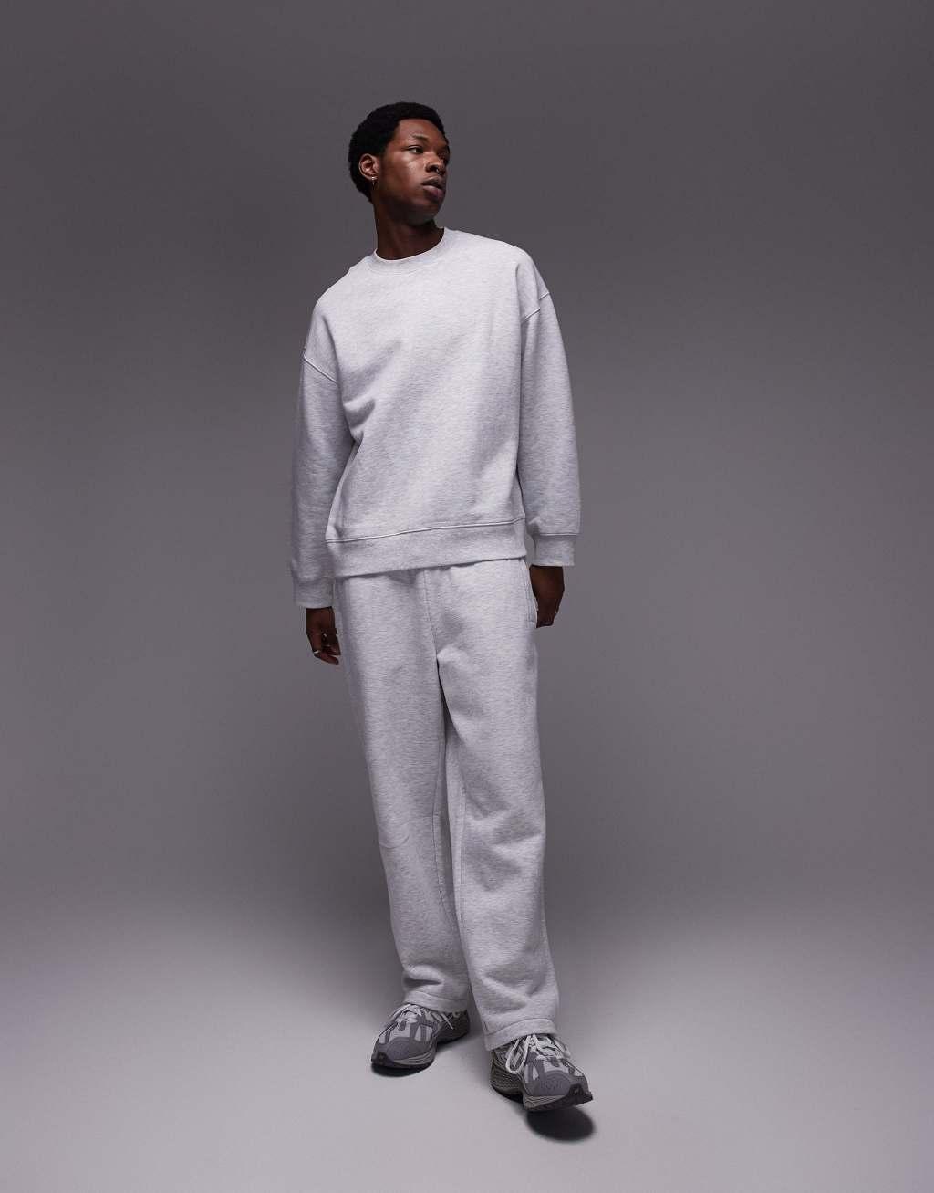 Topman oversized sweatshirt and straight leg sweatpants set in frost gray heather Product Image